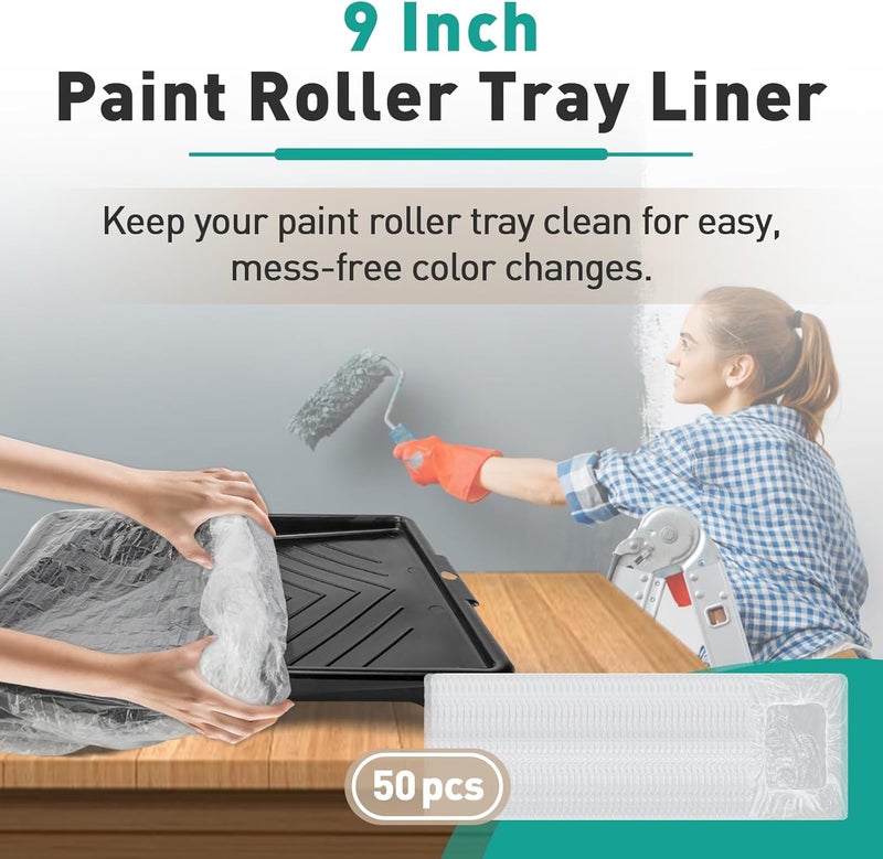 Gfdoso 50 Pcs Paint Tray Liners Disposable - 9 Inch Paint Roller Tray Liner Plastic Paint Tray Liners for House Painting Walls, Excluding Paint Trays - Image 2